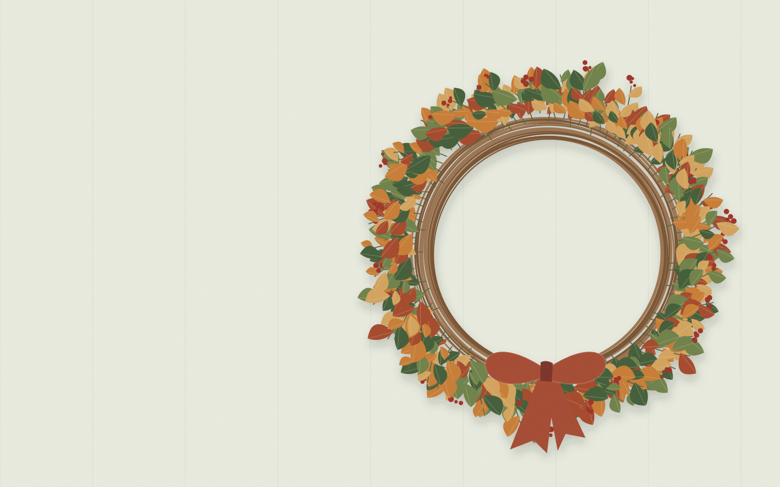 Botanical illustration of a grapevine wreath with copper leaves, woodland greenery, berries, and a rust-colored bow